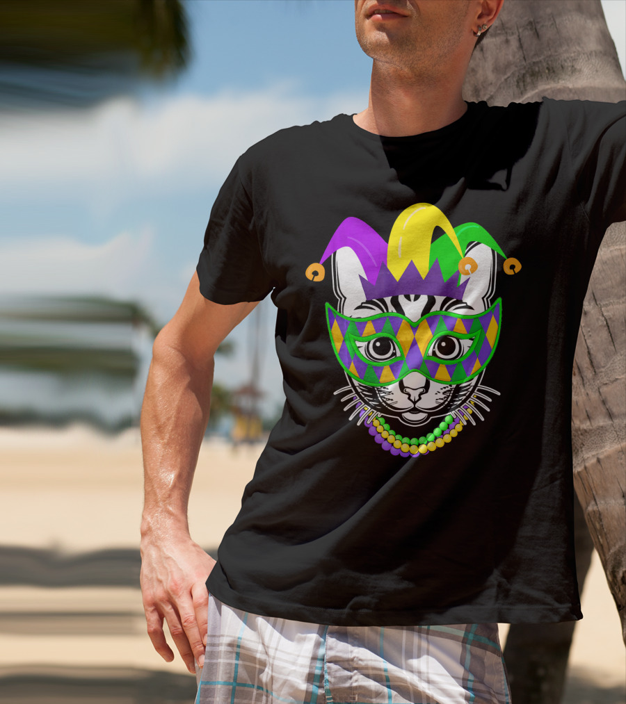 Mardi Gras Cat Jester Mask Beads Kitty Lovers T-Shirt