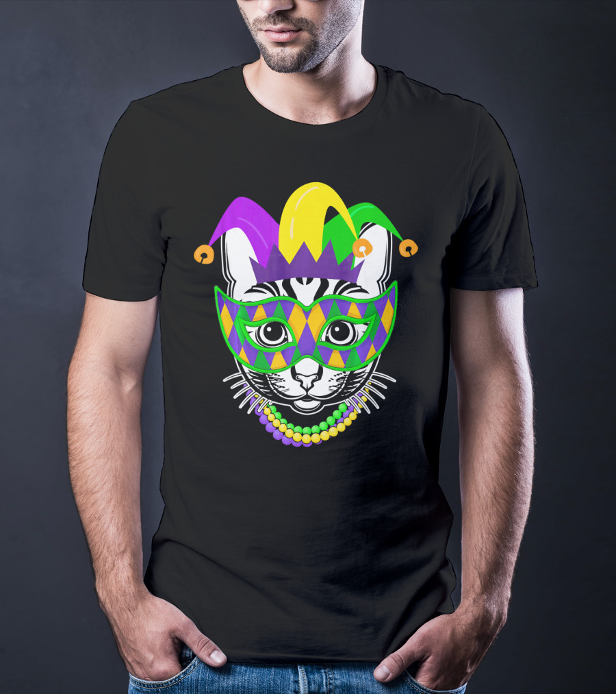 Mardi Gras Cat Jester Mask Beads Kitty Lovers T-Shirt