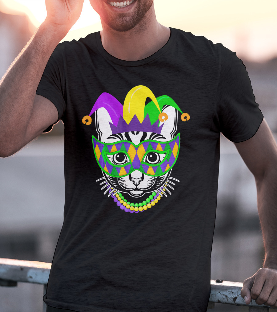Mardi Gras Cat Jester Mask Beads Kitty Lovers T-Shirt
