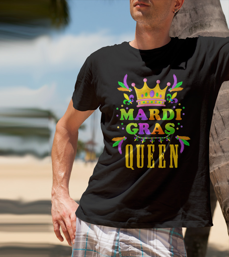 Mardi Gras Queen Colorful Crown Fleur-de-Lis Feathers T-Shirt