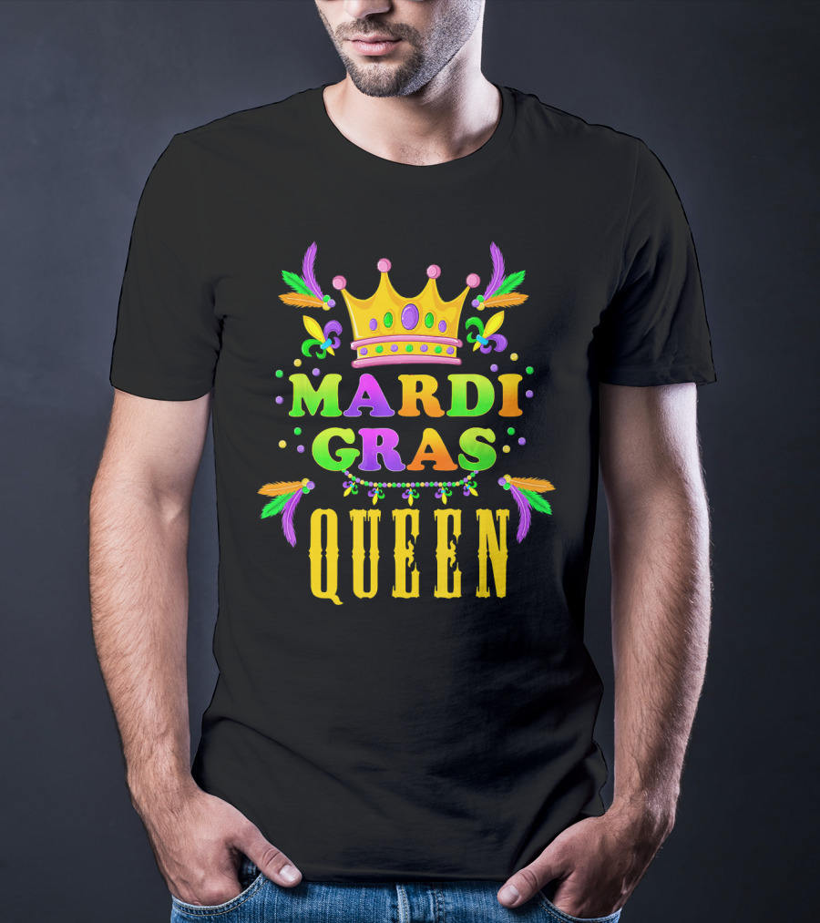 Mardi Gras Queen Colorful Crown Fleur-de-Lis Feathers T-Shirt