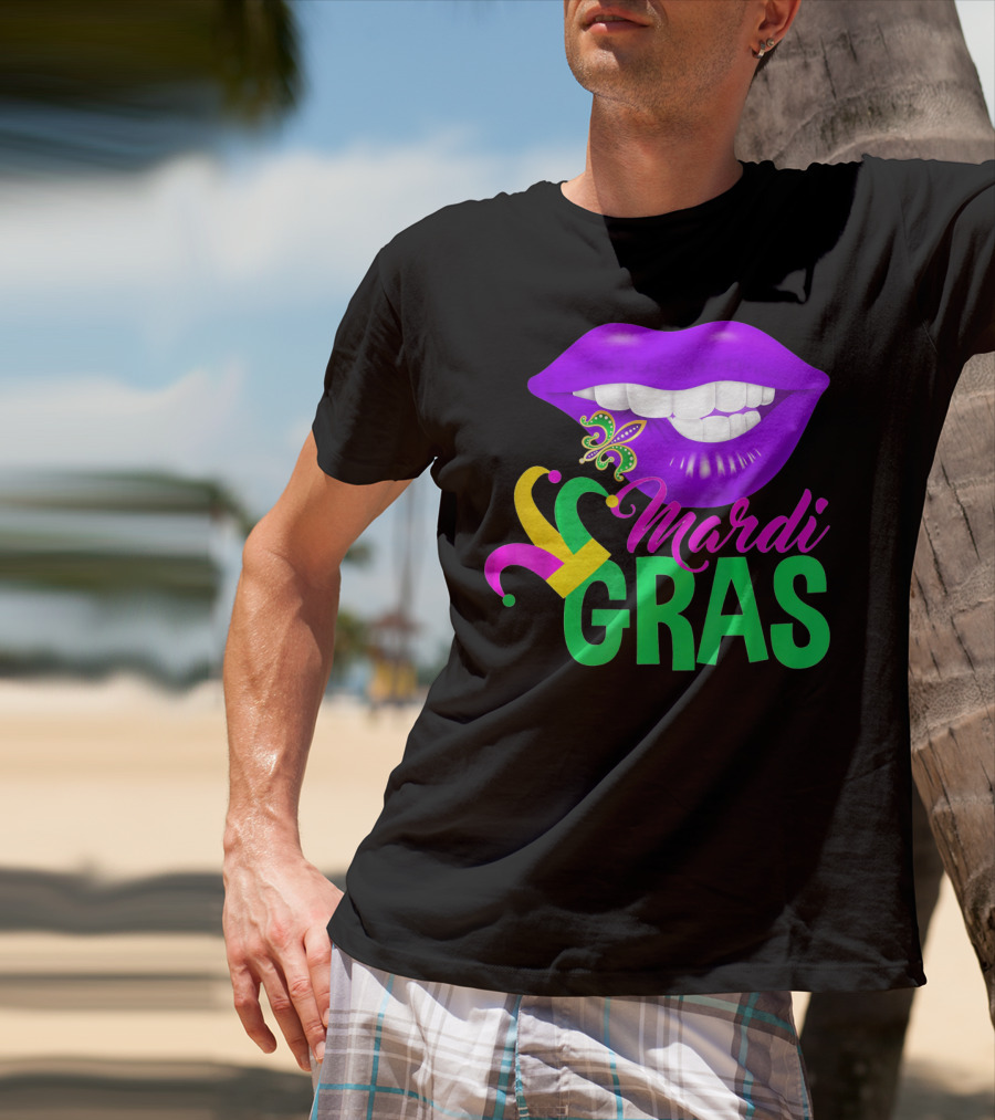 Mardi Gras Lips With Jester Hat And Fleur-de-Lis T-Shirt