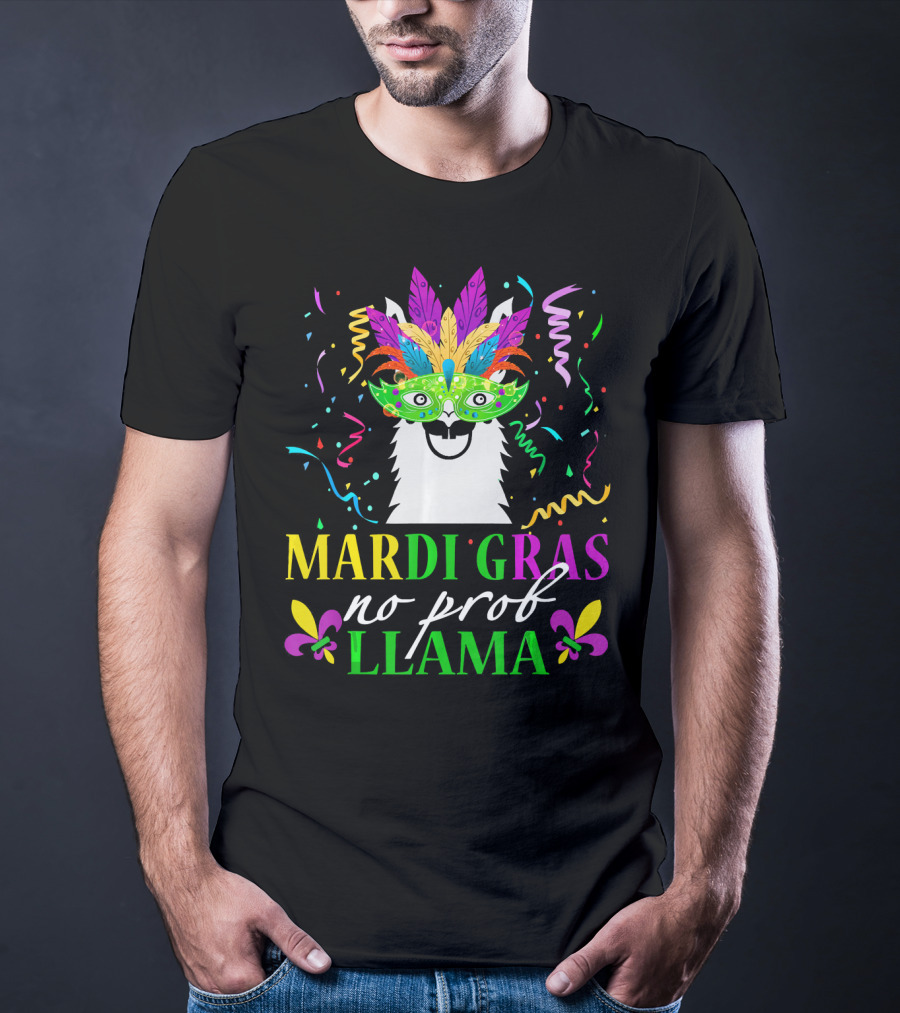 Mardi Gras No Prob Llama Colorful Celebration Mask And Confetti T-Shirt