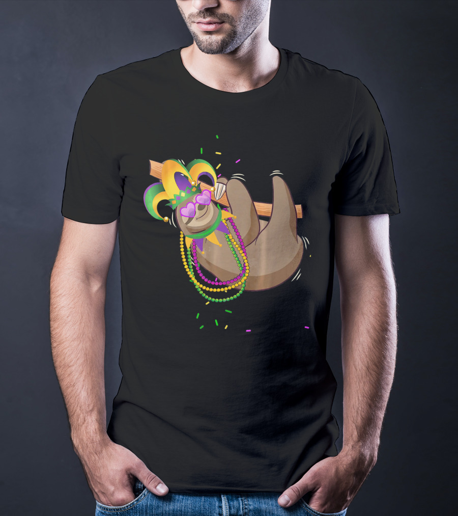 Mardi Gras Sloth Wearing Colorful Beads And Jester Mask T-Shirt