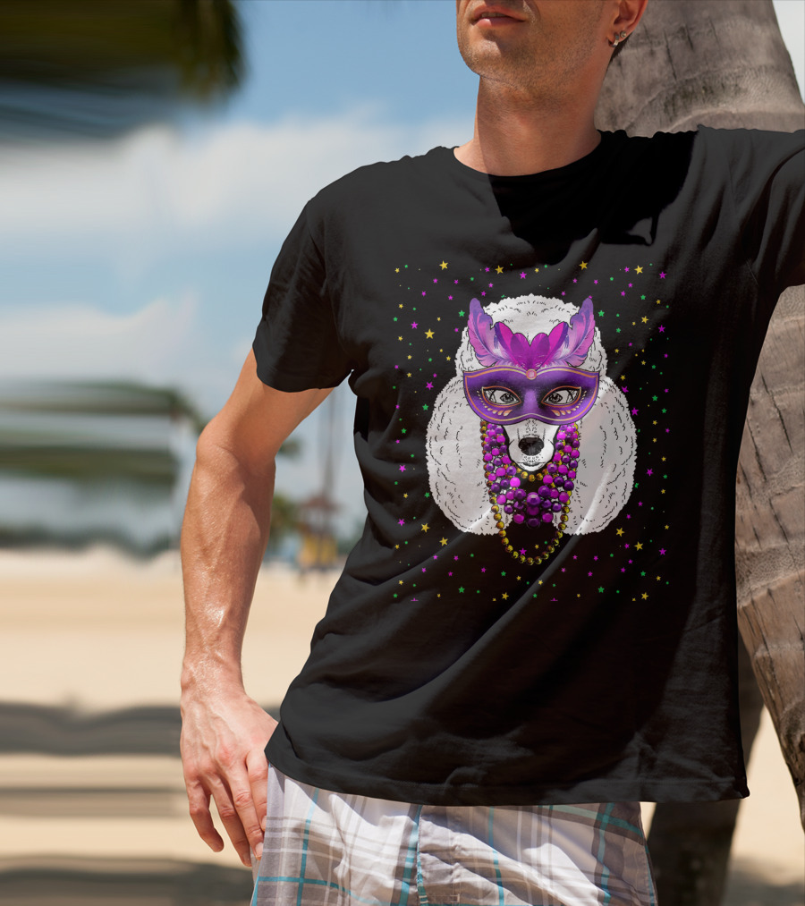 Mardi Gras Poodle With Funny Beads And Masquerade Mask T-Shirt