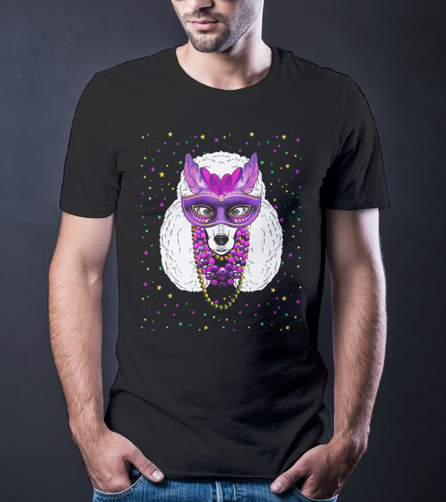 Mardi Gras Poodle With Funny Beads And Masquerade Mask T-Shirt