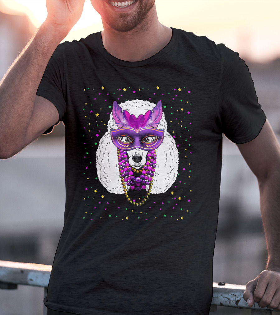 Mardi Gras Poodle With Funny Beads And Masquerade Mask T-Shirt