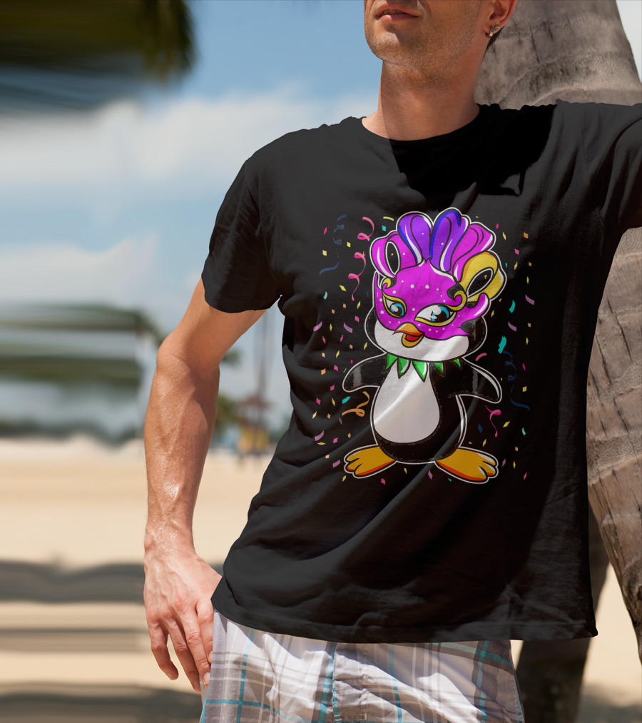 Penguin Mardi Gras Lover Funny Masquerade Festive Confetti T-Shirt