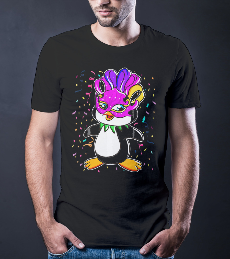 Penguin Mardi Gras Lover Funny Masquerade Festive Confetti T-Shirt