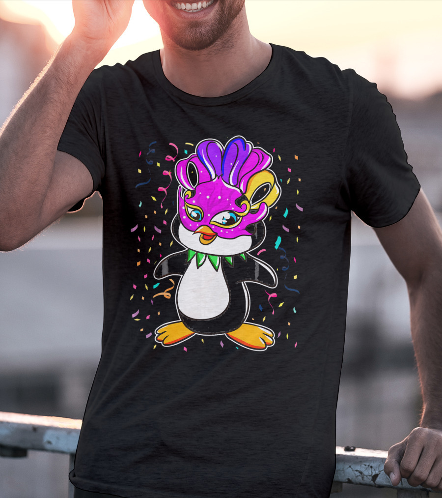 Penguin Mardi Gras Lover Funny Masquerade Festive Confetti T-Shirt