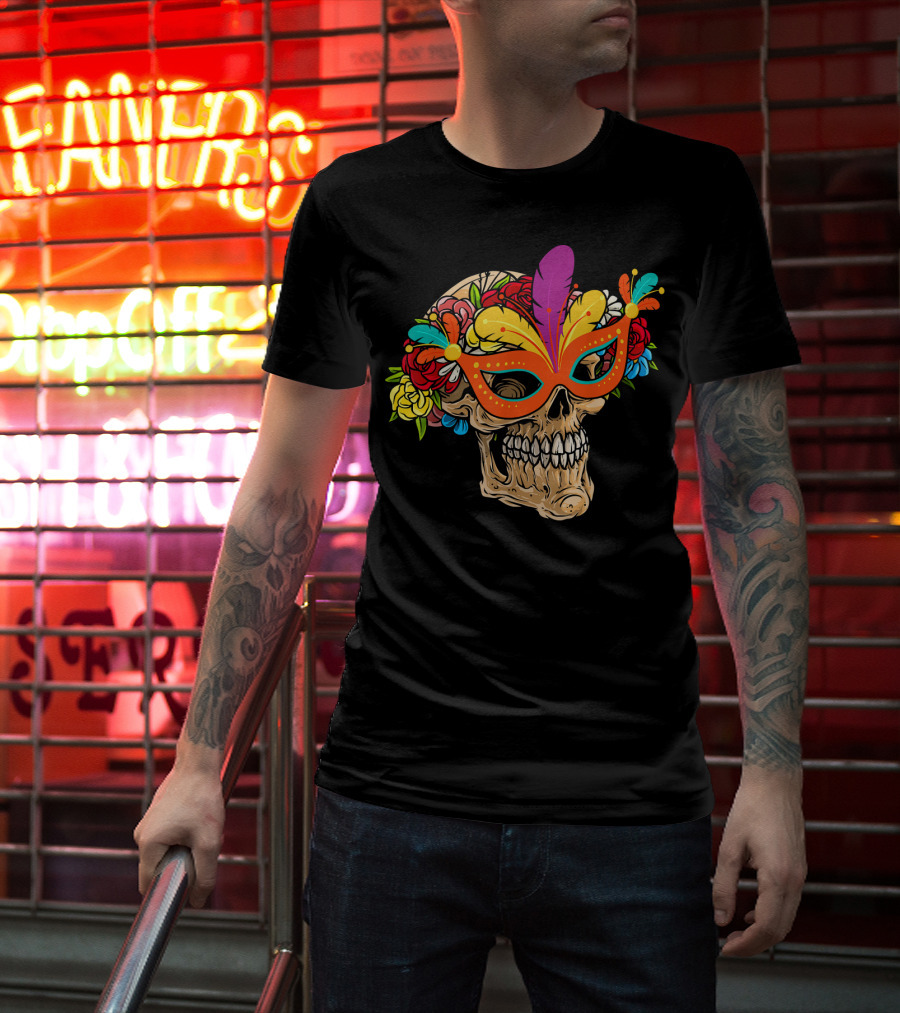 Mardi Gras Skull Mask With Colorful Floral Jester Hat T-Shirt