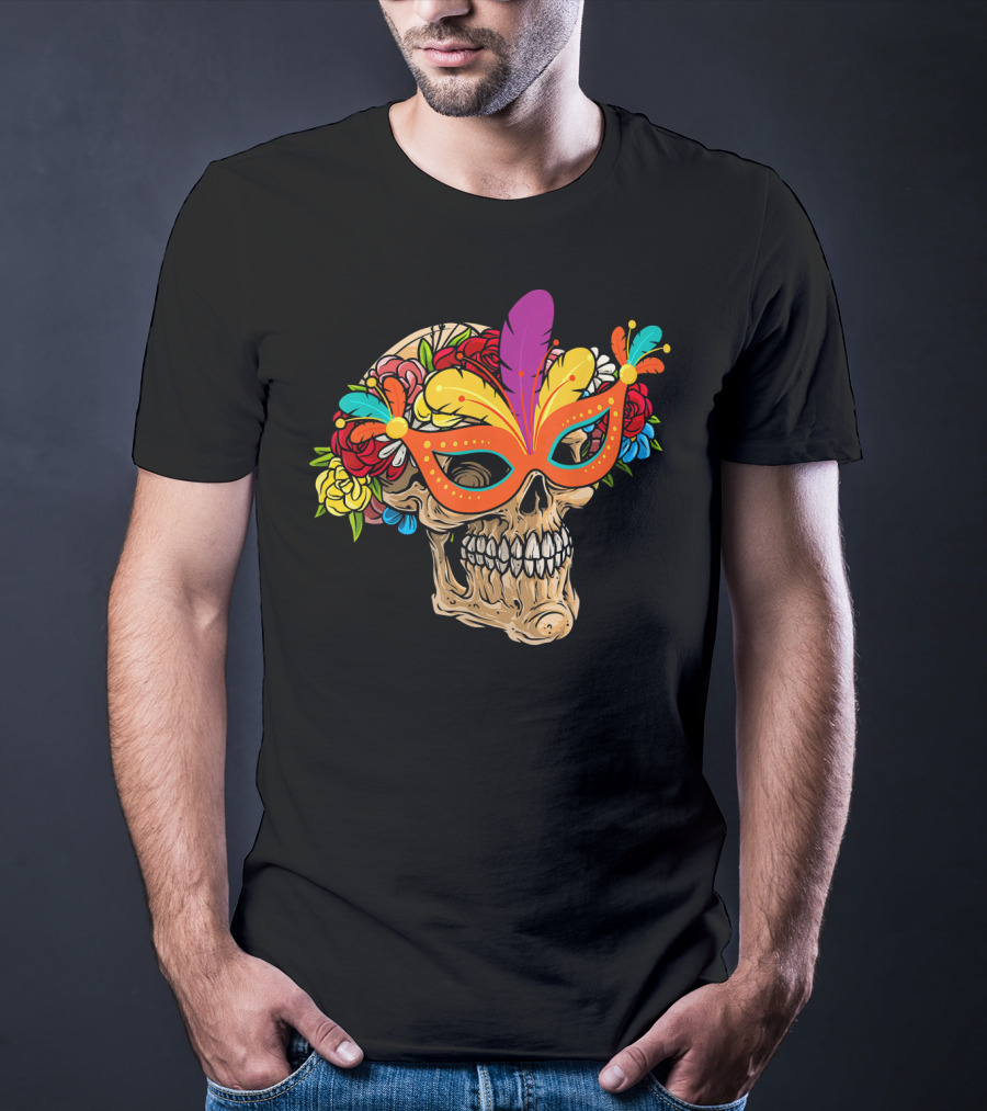 Mardi Gras Skull Mask With Colorful Floral Jester Hat T-Shirt