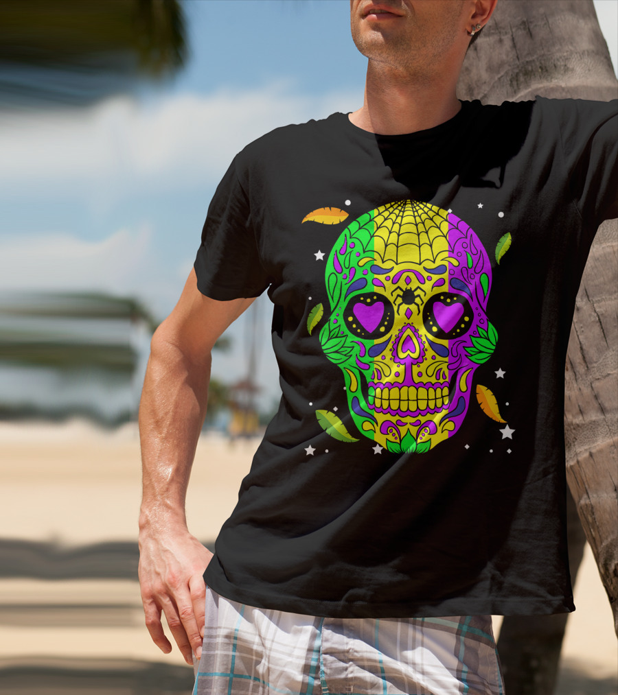 Mardi Gras Skull Jester Hat Colorful Feather T-Shirt