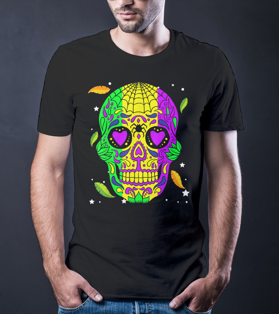 Mardi Gras Skull Jester Hat Colorful Feather T-Shirt