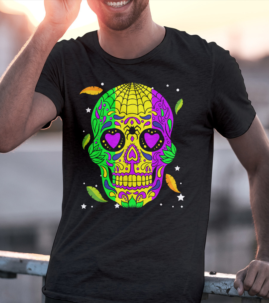 Mardi Gras Skull Jester Hat Colorful Feather T-Shirt