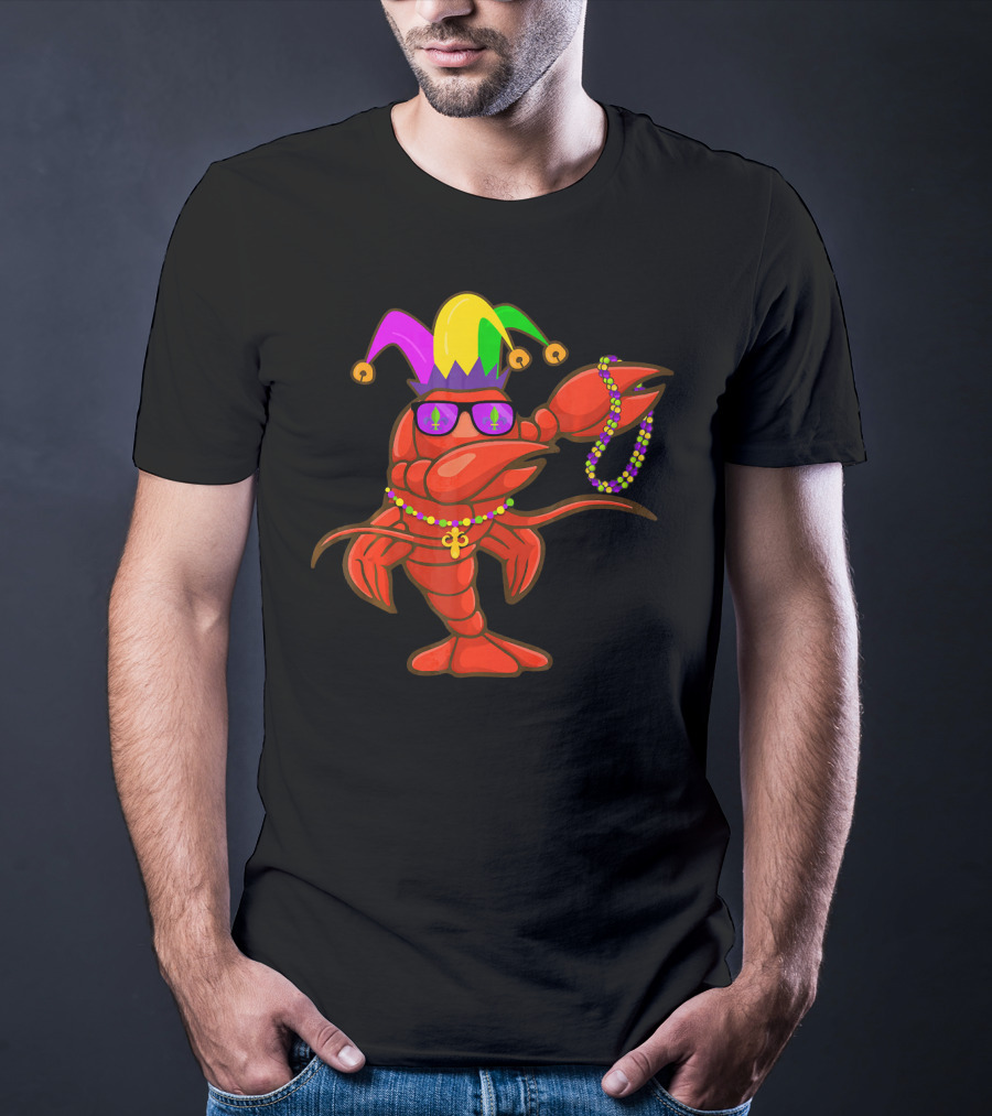 Jester Hat Crawfish Dabbing With Mardi Gras Beads Party T-Shirt