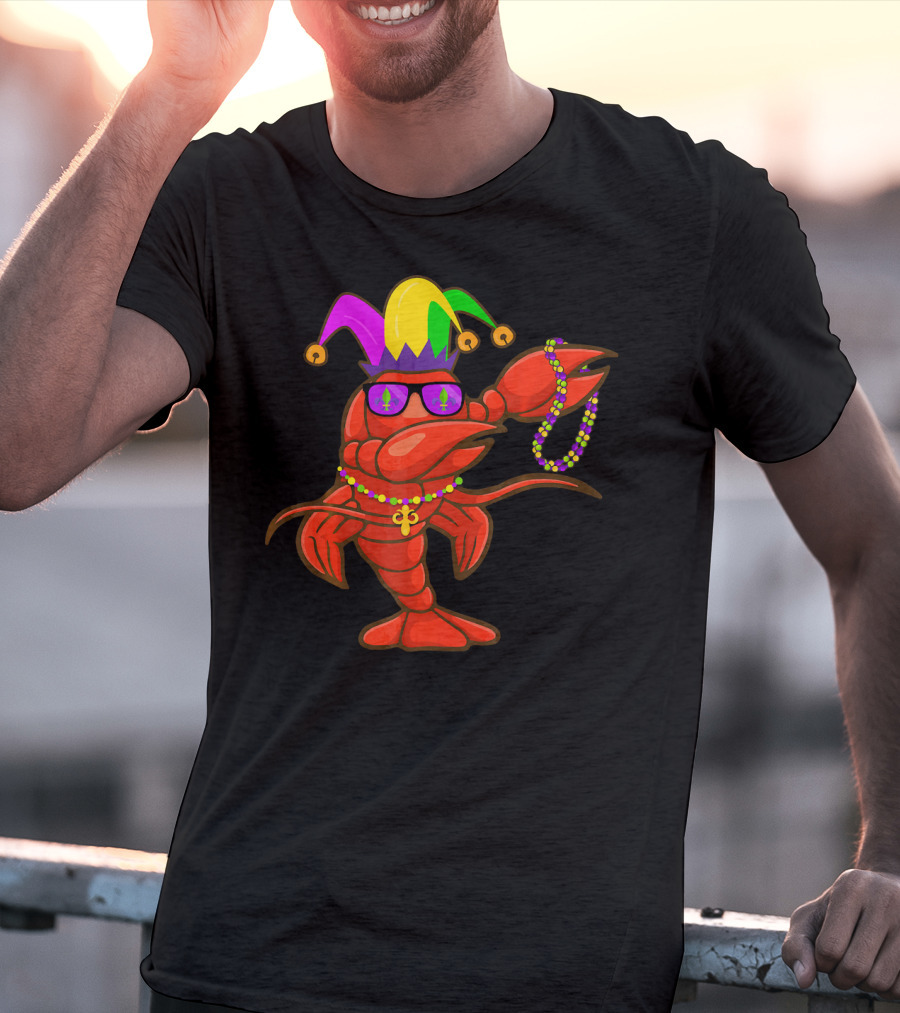 Jester Hat Crawfish Dabbing With Mardi Gras Beads Party T-Shirt