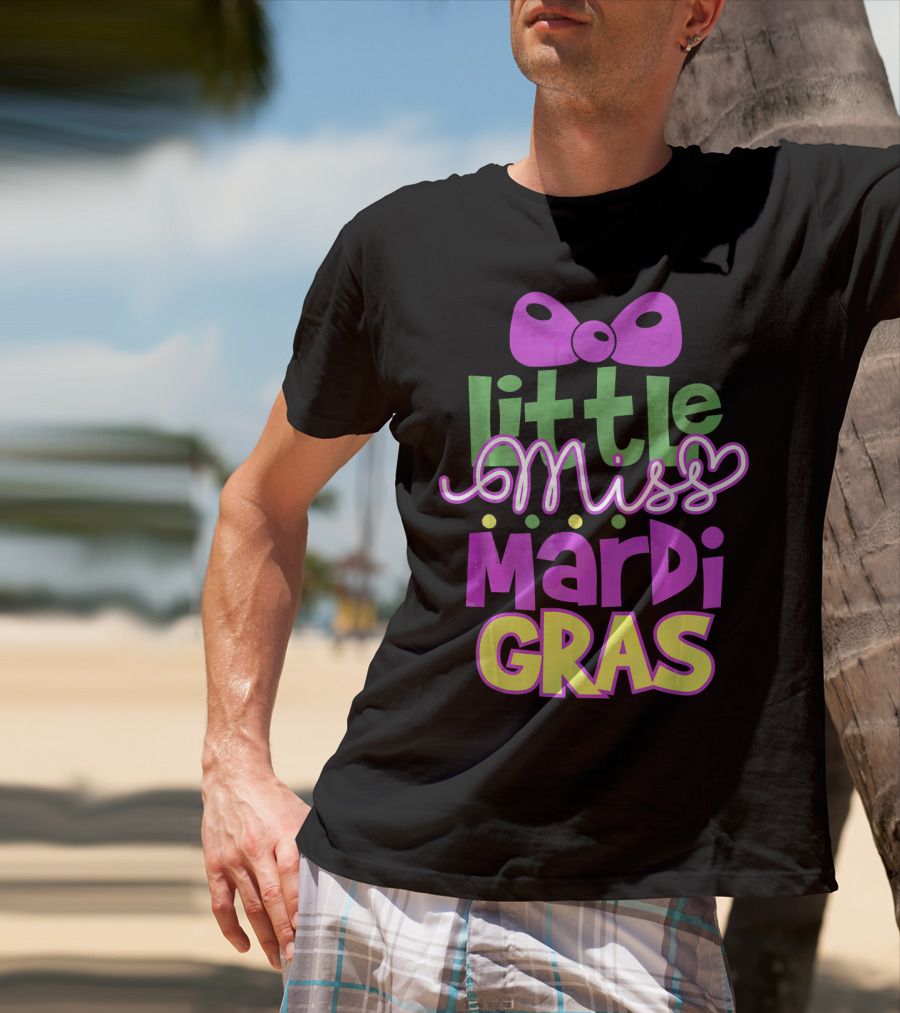 Little Miss Mardi Gras Bow Colorful Letters T-Shirt