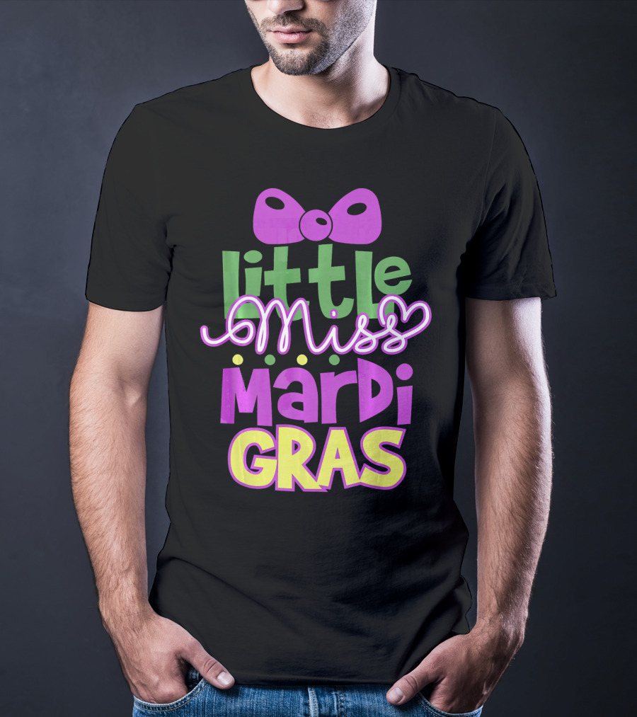 Little Miss Mardi Gras Bow Colorful Letters T-Shirt