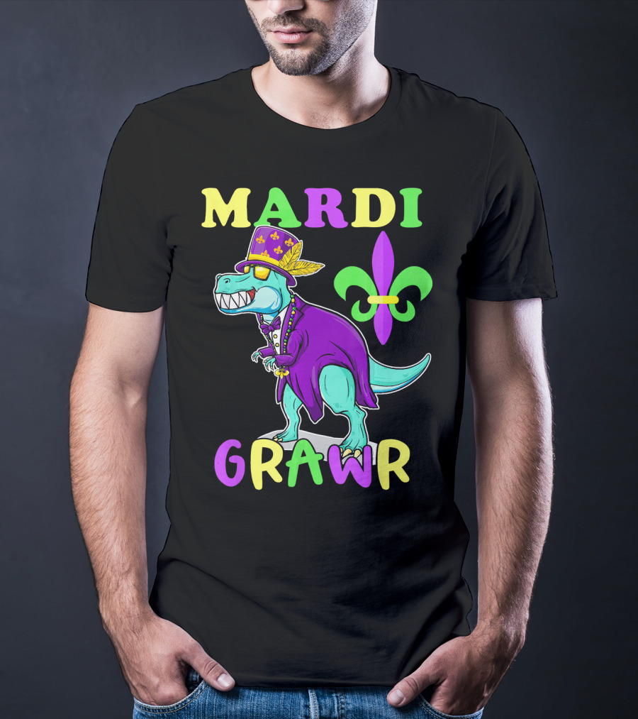 Mardi Grawr Dinosaur Rex New Orleans Fleur De Lis T-Shirt