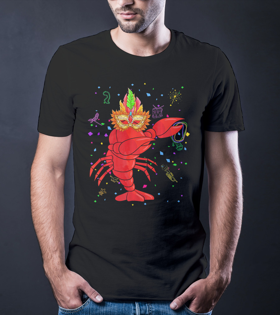 Dabbing Lobster With Mardi Gras Mask And Beads Confetti T-Shirt