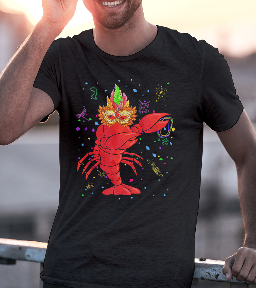 Dabbing Lobster With Mardi Gras Mask And Beads Confetti T-Shirt