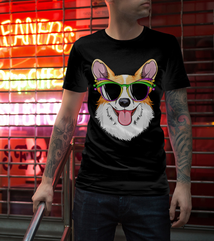 Mardi Gras Corgi With Carnival Mask And Glasses T-Shirt