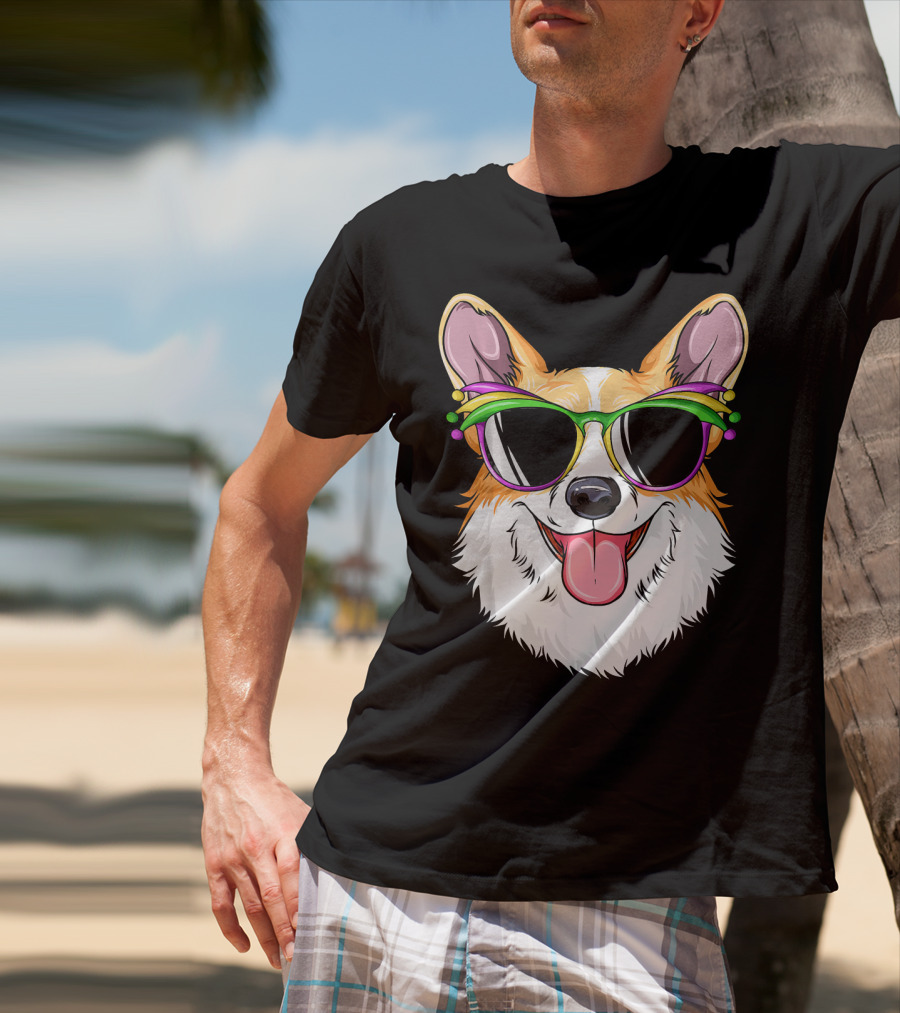Mardi Gras Corgi With Carnival Mask And Glasses T-Shirt
