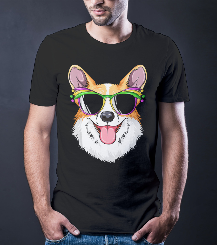 Mardi Gras Corgi With Carnival Mask And Glasses T-Shirt