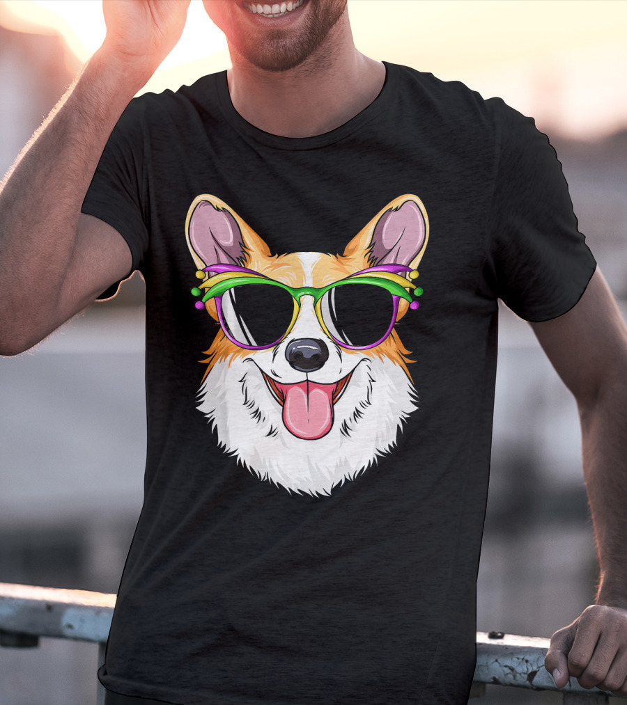 Mardi Gras Corgi With Carnival Mask And Glasses T-Shirt