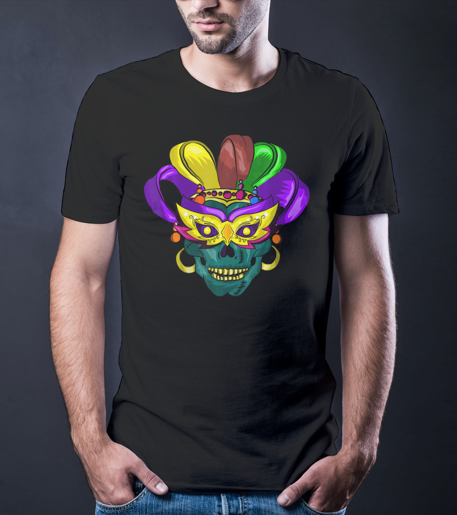 Mardi Gras Sugar Skull Colorful Mask Feather Parade Costume T-Shirt