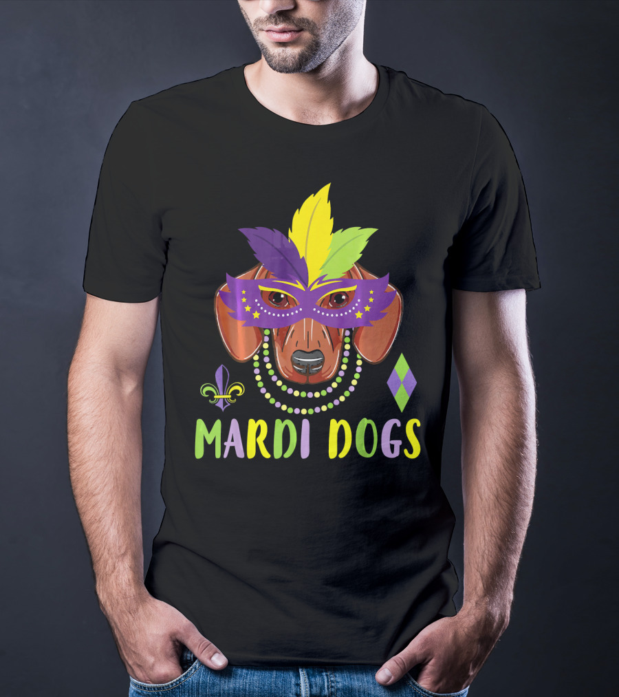Mardi Dogs Dachshund Mask Beads Fleur-de-Lis Feathers T-Shirt