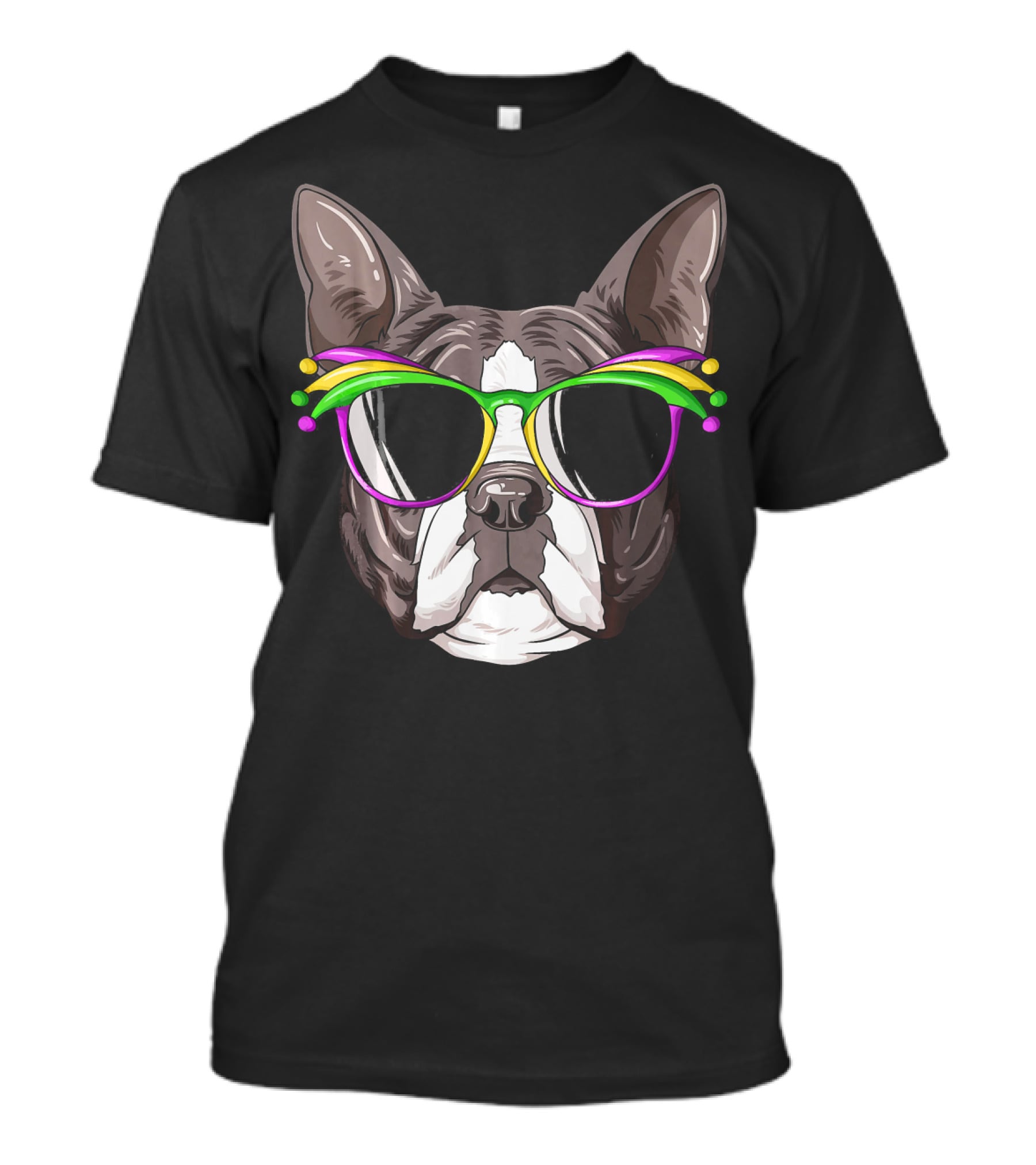 Boston Terrier With Colorful Mardi Gras Carnival Mask Glasses T-Shirt