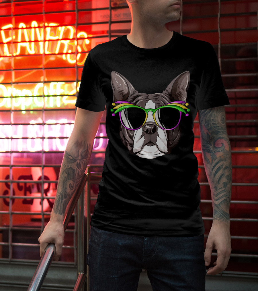 Boston Terrier With Colorful Mardi Gras Carnival Mask Glasses T-Shirt