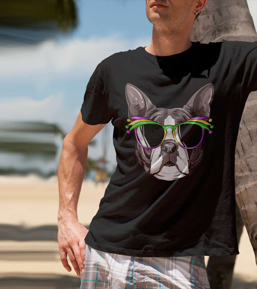 Boston Terrier With Colorful Mardi Gras Carnival Mask Glasses T-Shirt