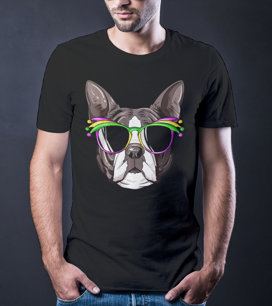 Boston Terrier With Colorful Mardi Gras Carnival Mask Glasses T-Shirt