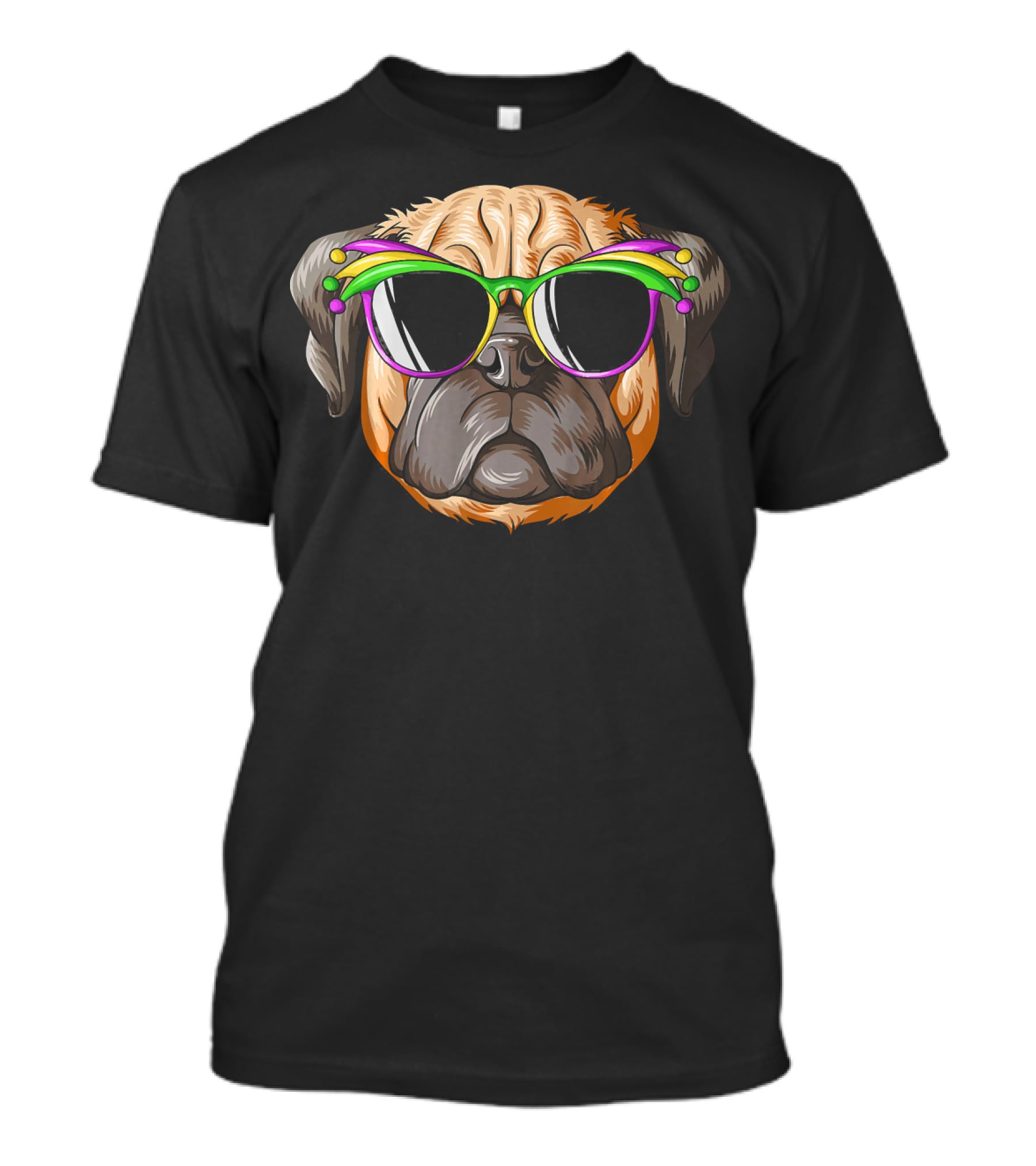 Pug Wearing Mardi Gras Carnival Mask With Colorful Beads And Sunglasses T-Shirt