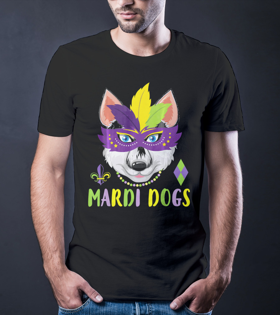 Mardi Dogs Siberian Husky Mask Beads Fleur-de-Lis T-Shirt