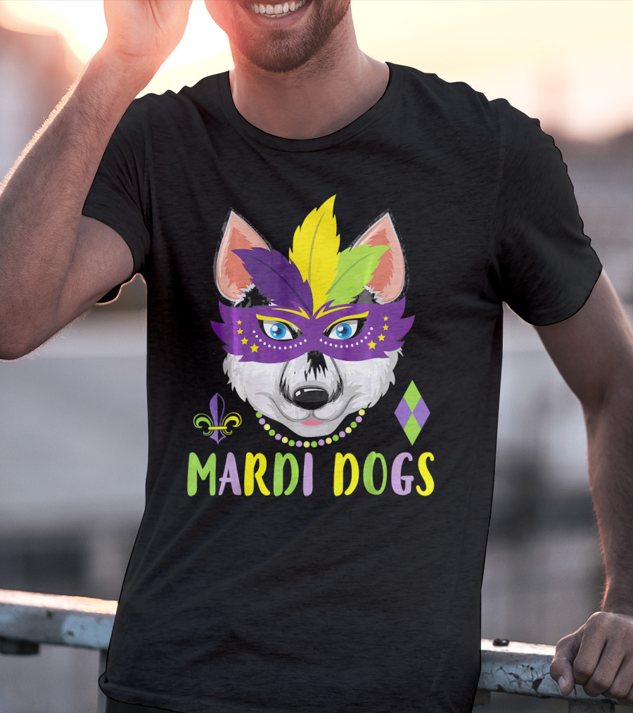 Mardi Dogs Siberian Husky Mask Beads Fleur-de-Lis T-Shirt