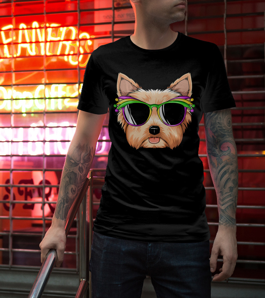 Yorkshire Terrier Mardi Gras Colorful Sunglasses Mask Yorks T-Shirt