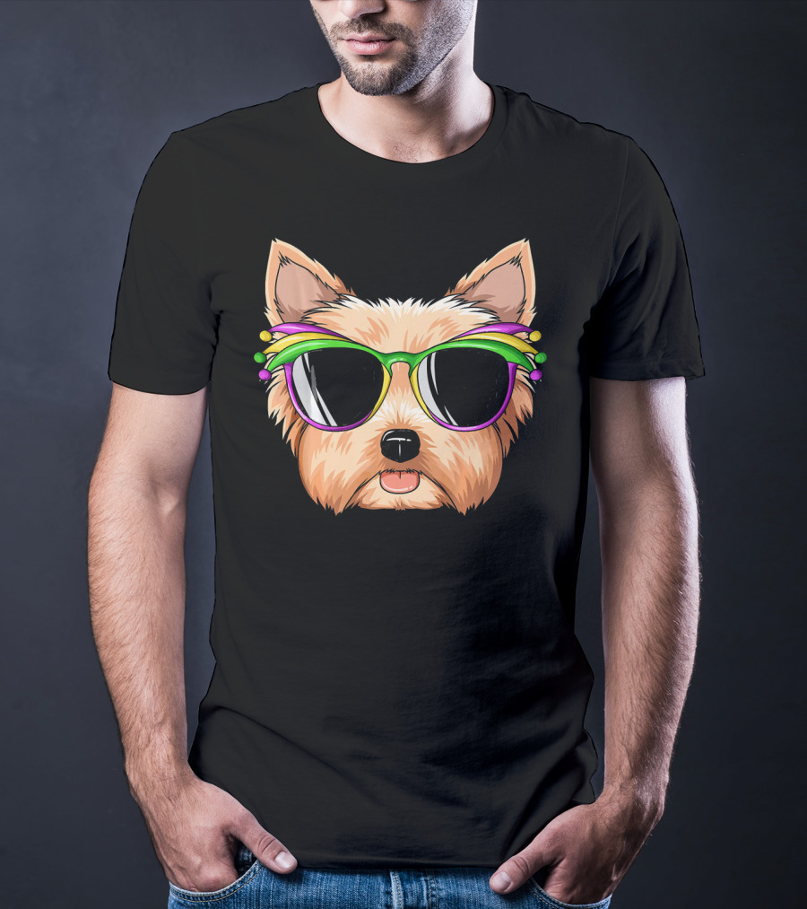 Yorkshire Terrier Mardi Gras Colorful Sunglasses Mask Yorks T-Shirt