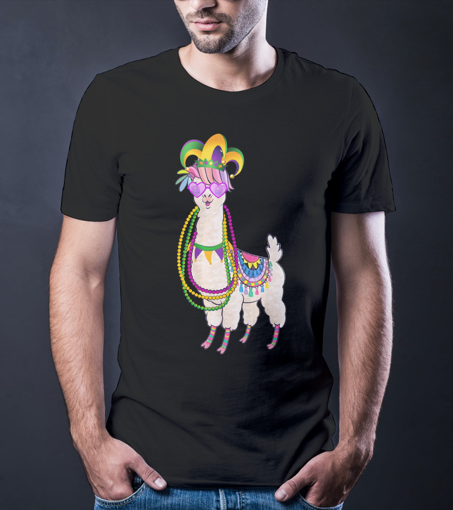Mardi Gras Beads Masked Llama With Jester Hat T-Shirt