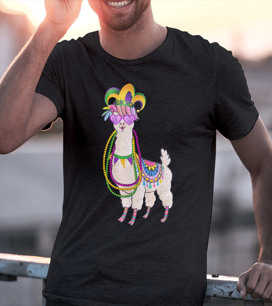 Mardi Gras Beads Masked Llama With Jester Hat T-Shirt