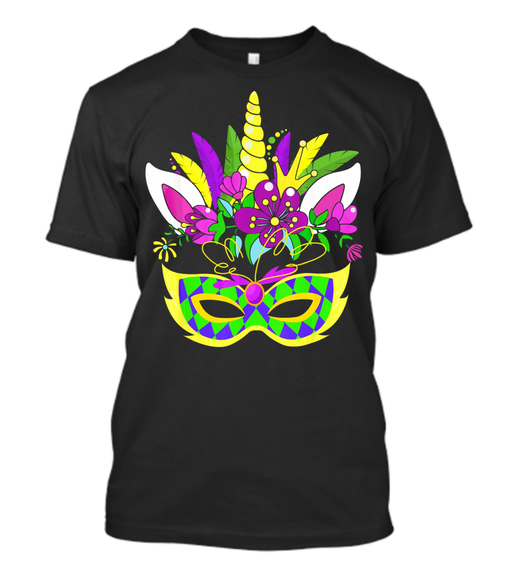 Mardi Gras Unicorn Mask Flowered Headdress T-Shirt