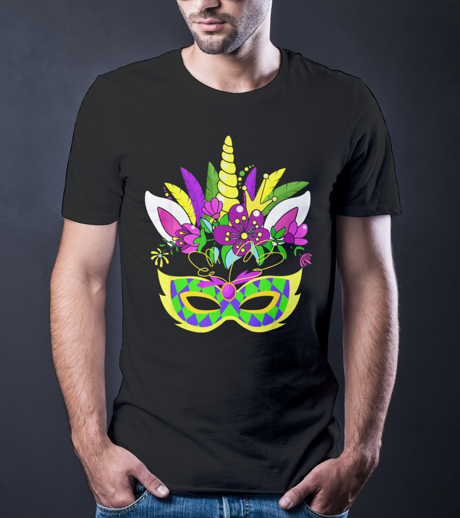 Mardi Gras Unicorn Mask Flowered Headdress T-Shirt