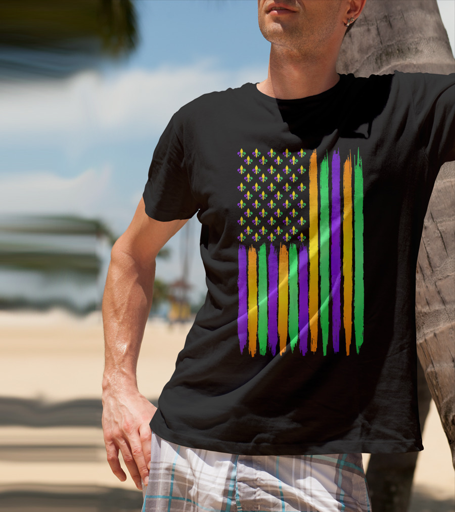 American Flag Fleur De Lis USA Flag Mardi Gras Colors T-Shirt