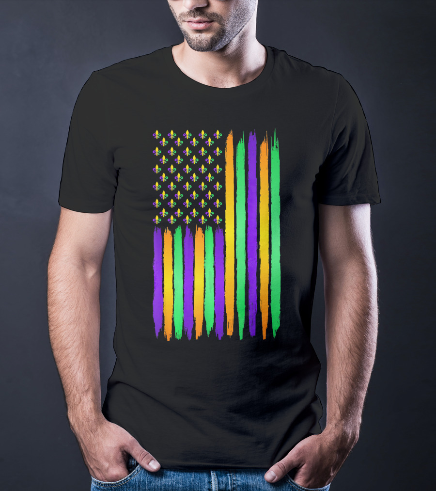 American Flag Fleur De Lis USA Flag Mardi Gras Colors T-Shirt
