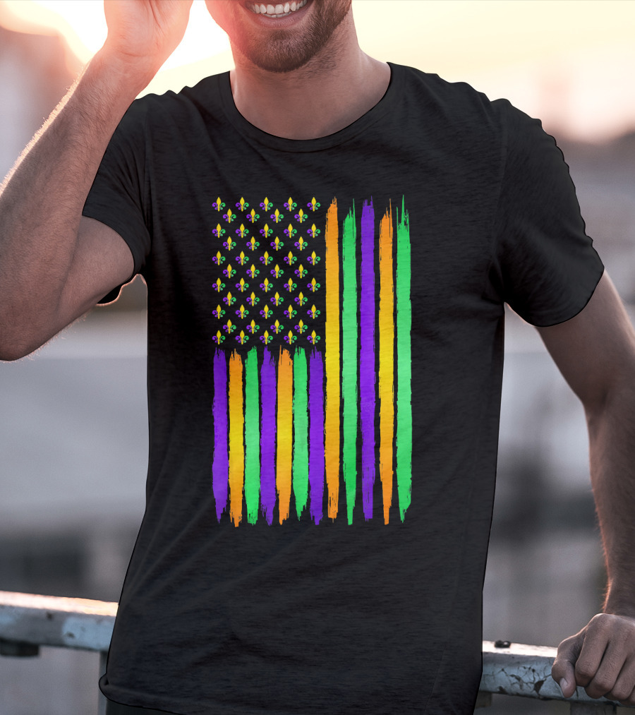 American Flag Fleur De Lis USA Flag Mardi Gras Colors T-Shirt