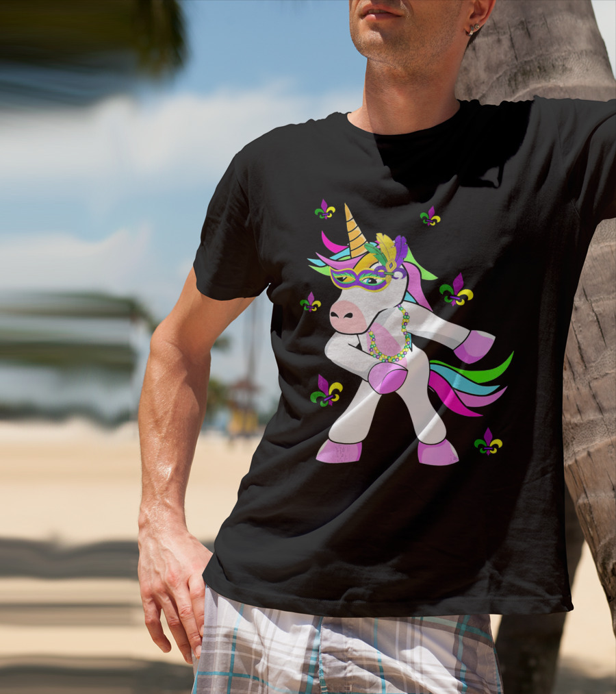 Mardi Gras Flossing Unicorn Fleur De Lis Mask Feathers Beads T-Shirt