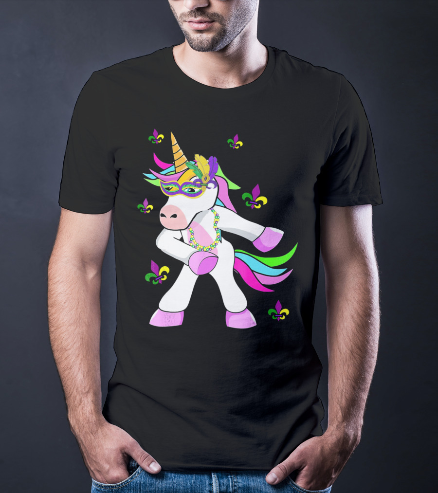 Mardi Gras Flossing Unicorn Fleur De Lis Mask Feathers Beads T-Shirt